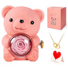 Interlocking Hearts Necklace with Teddy Bear Eternal Rose Flower Rotating Gift Box - Mother's Day Gift