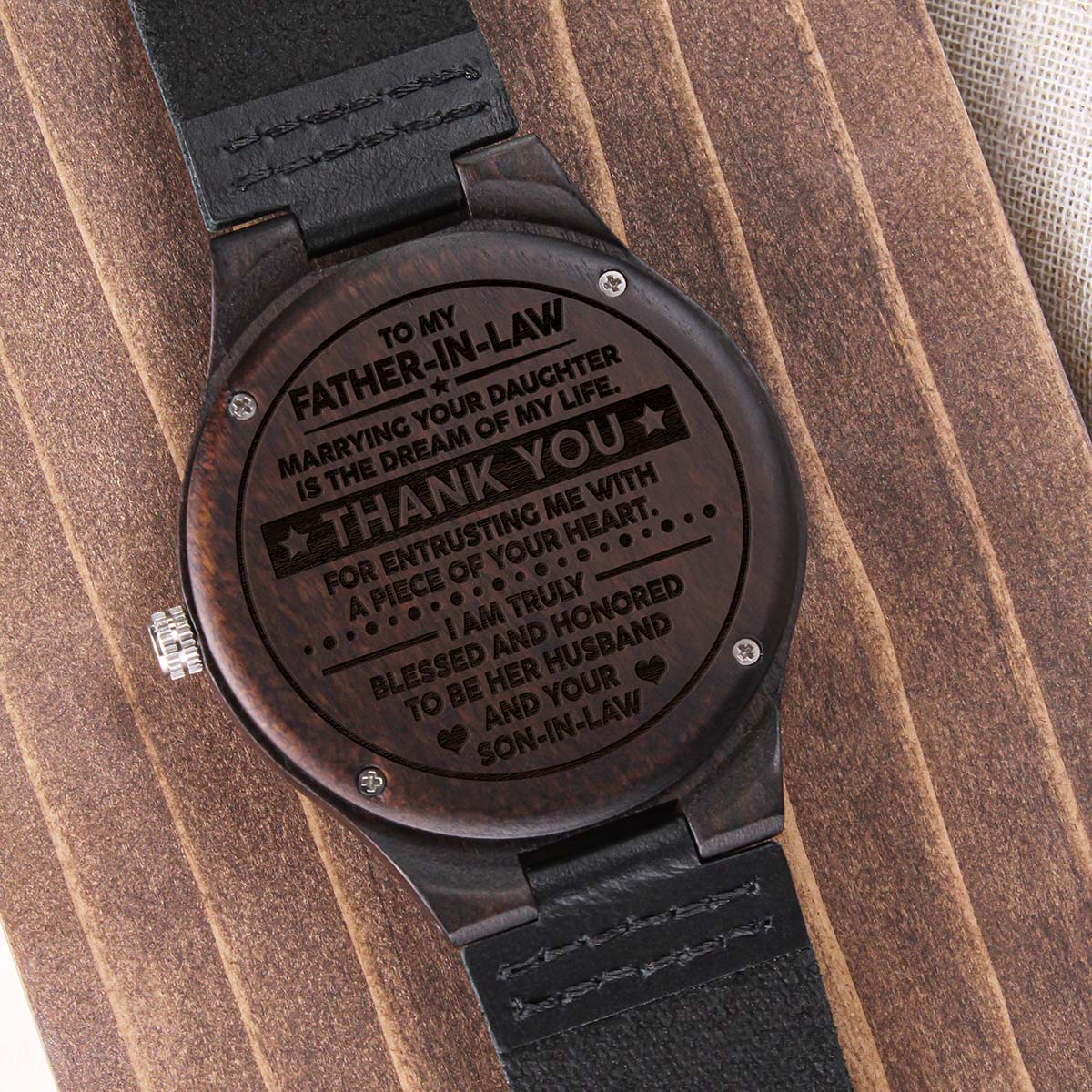 Father-In-Law Thank You, Engraved Wooden Watch, Father's Day Gift Idea